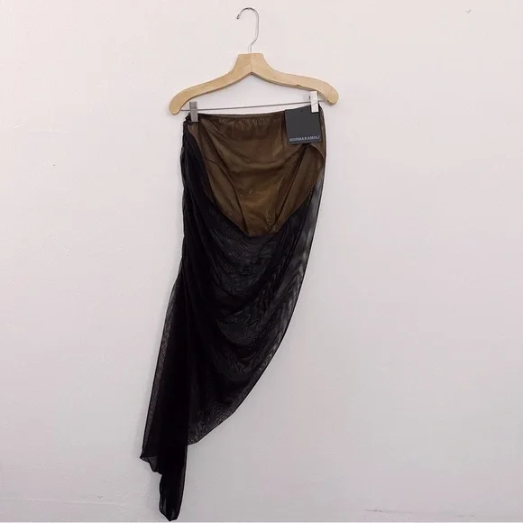 Norma Kamali Diana Ruched Mesh Maxi Skirt Black Nude - Picture 2 of 9